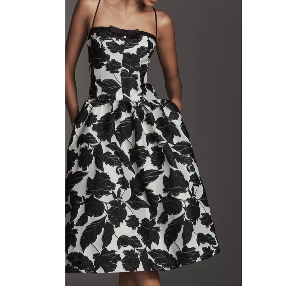 Anthropologie Maeve Sleeveless Jacquard Drop-Waist Midi Dress Black White SP NWT